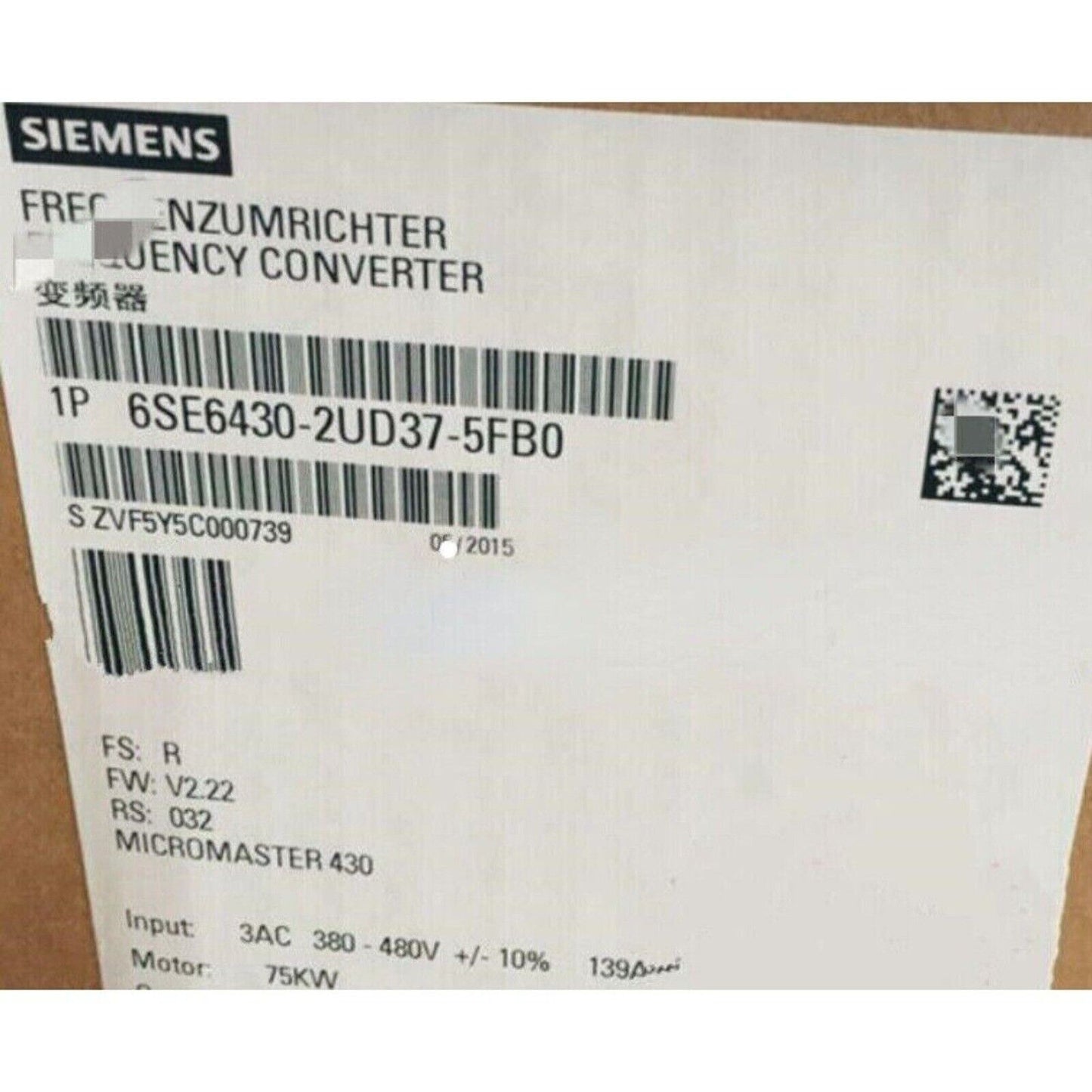 Siemens MICROMASTER 430 frequency converter label with model number 6SE6430-2UD37-5FB0, industrial automation.