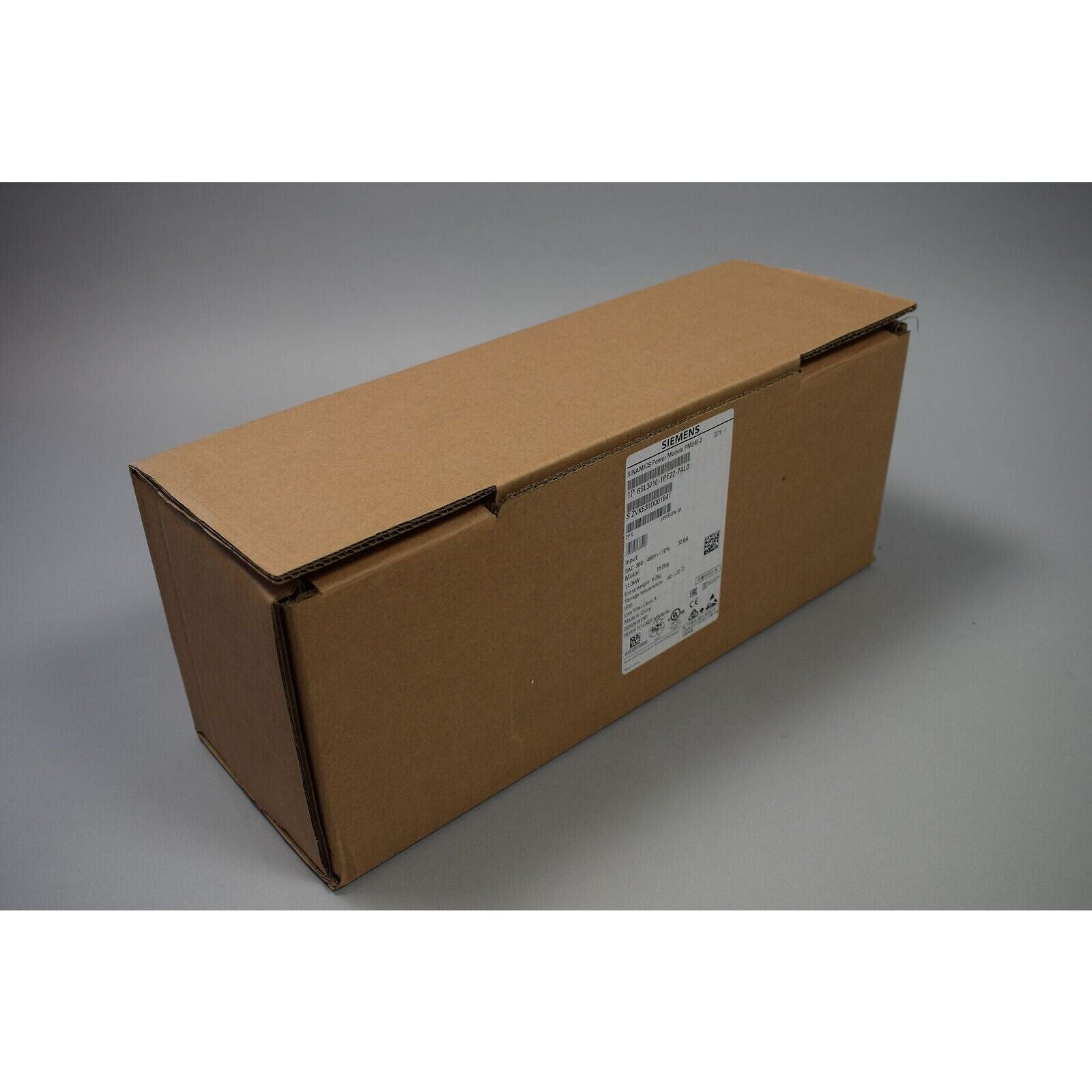 Siemens SINAMICS Power Module PM240-2, brown cardboard packaging. Model 6SL3210-1PE22-7AL0.