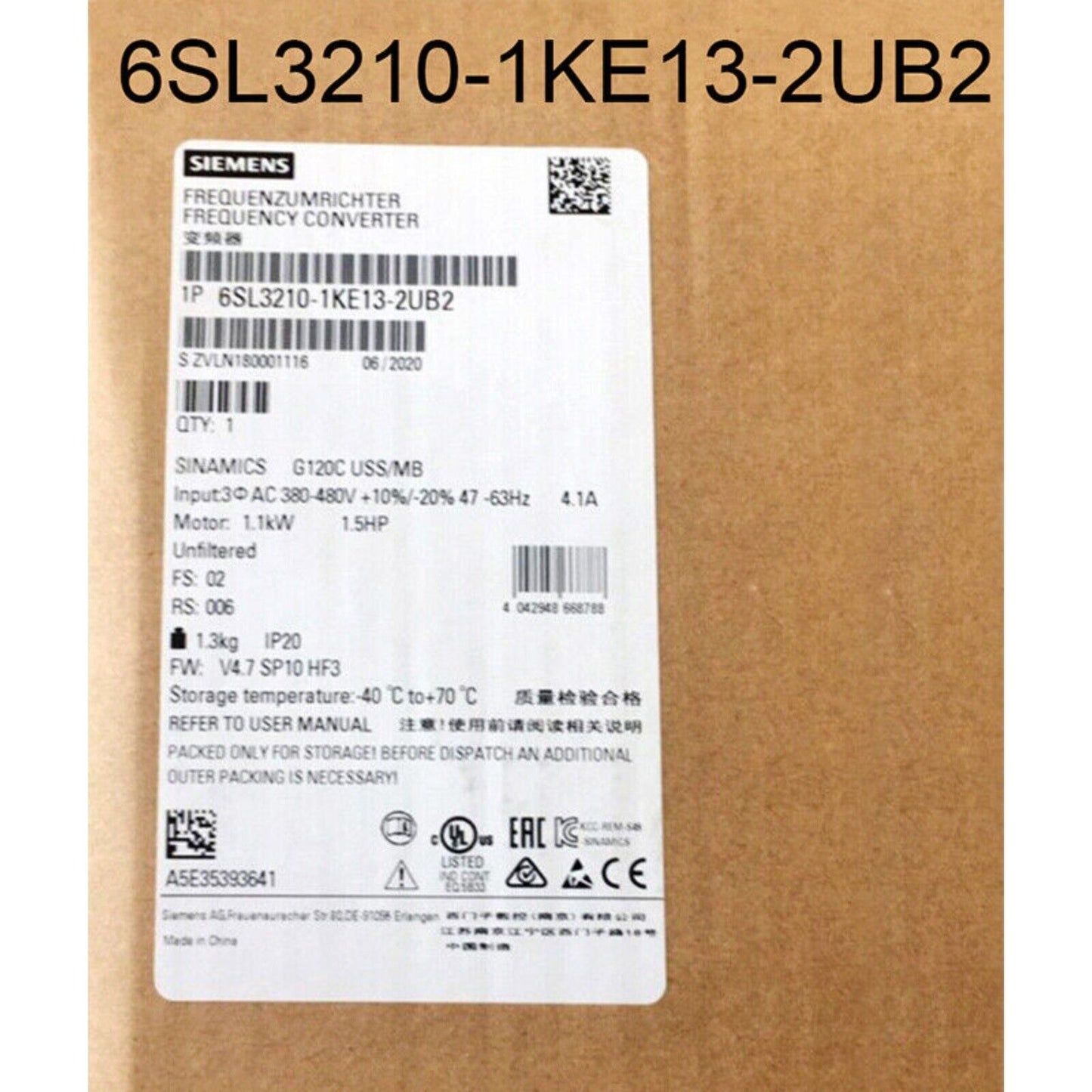 Siemens SINAMICS G120C Frequency Converter 6SL3210-1KE13-2UB2, industrial automation part label, 1.1kW motor.