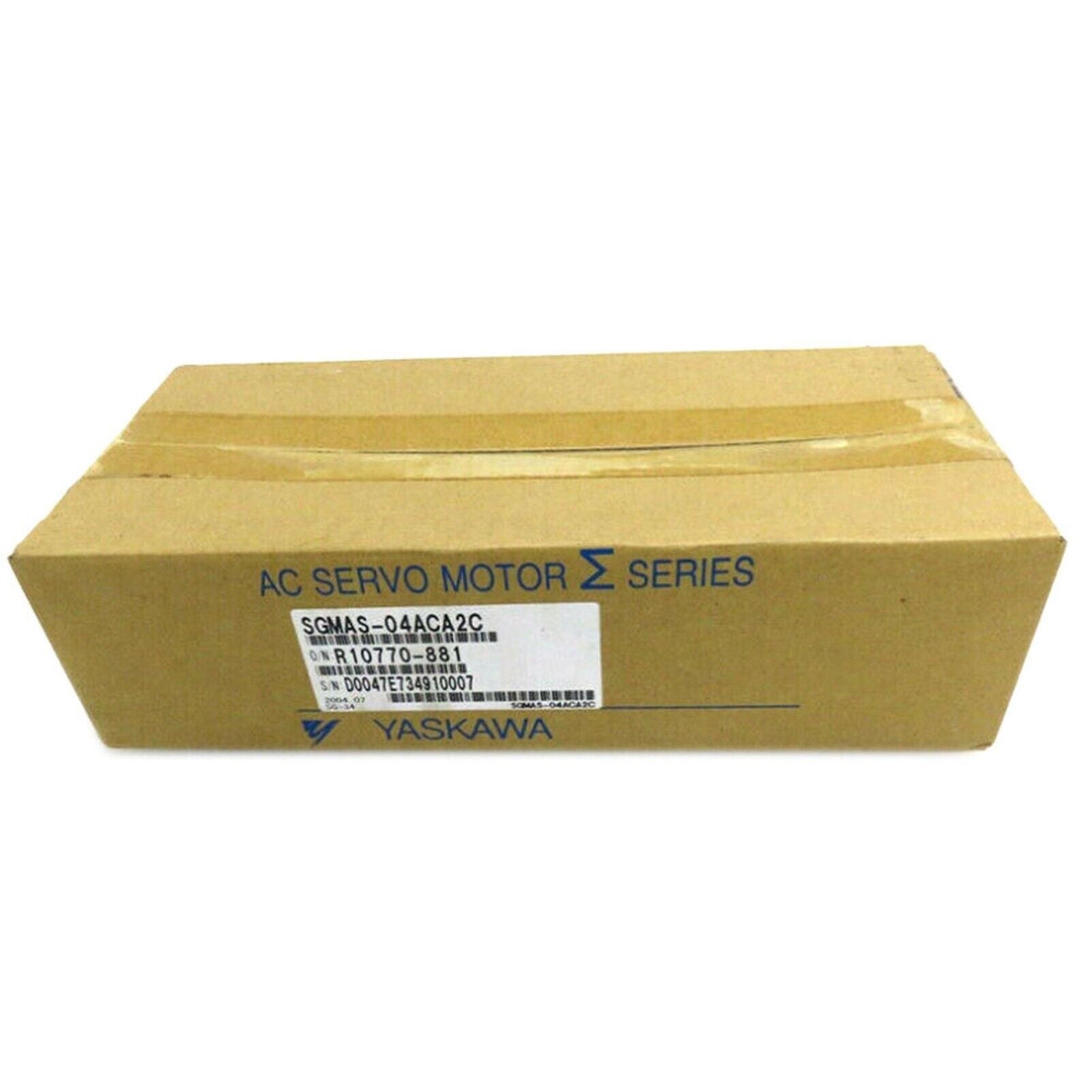 Yaskawa SGMAS-04ACA2C AC servo motor in its original packaging box. Industrial automation spare part, new.