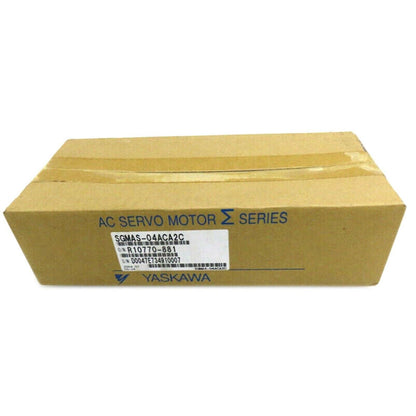 Yaskawa SGMAS-04ACA2C AC servo motor in its original packaging box. Industrial automation spare part, new.