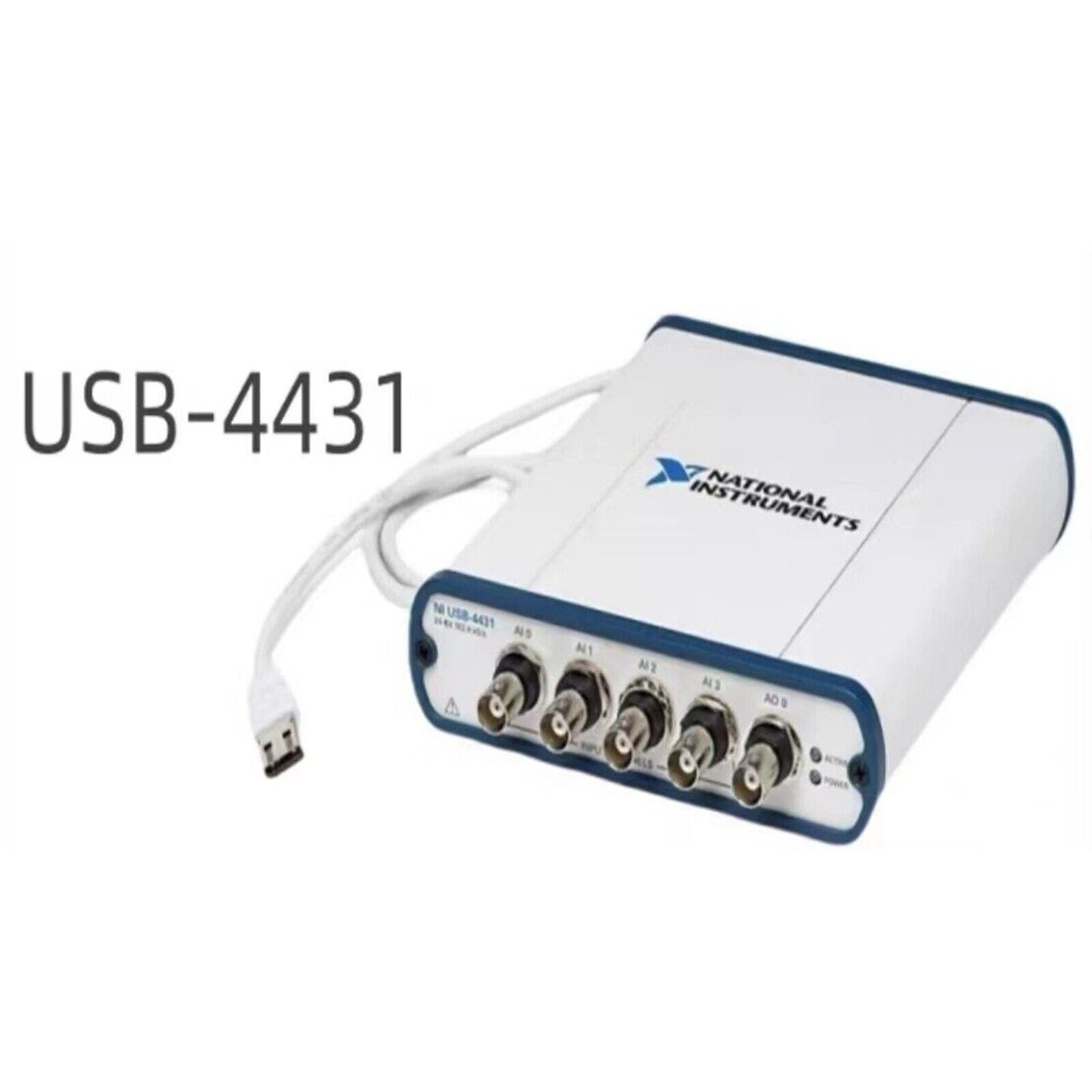 National Instruments USB-4431 Sound and Vibration Device, white and blue product with BNC connectors.