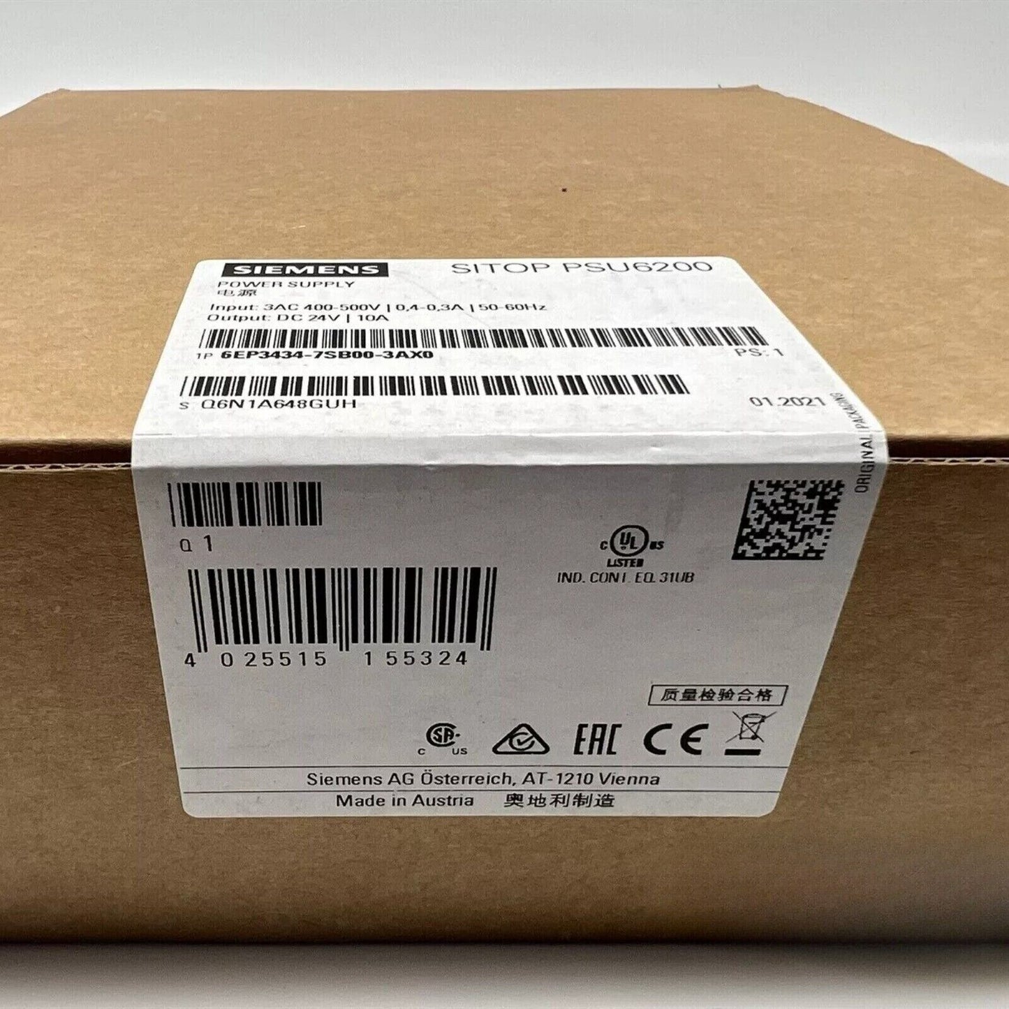 Siemens SITOP PSU6200 Power Supply Unit in original packaging, model 6EP3434-7SB00-3AX0, for industrial automation.
