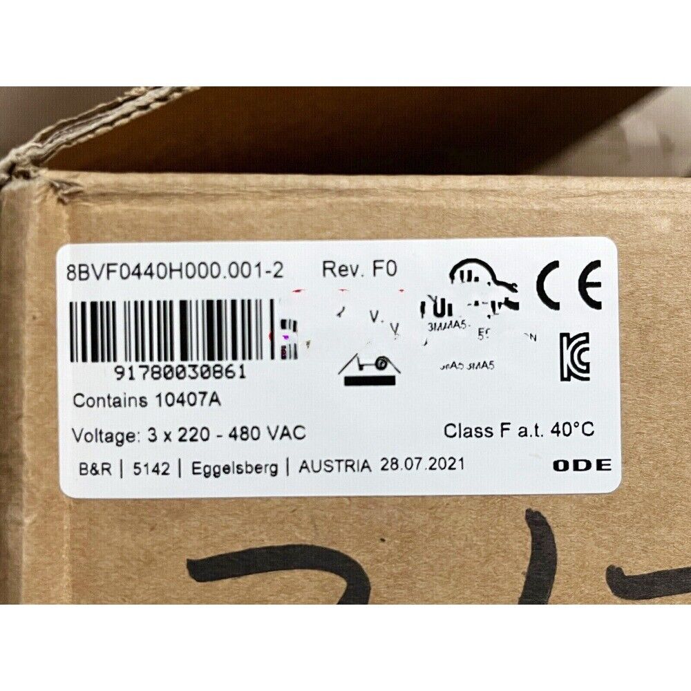 B&R frequency converter power supply label with model number, voltage, and other specifications in box
