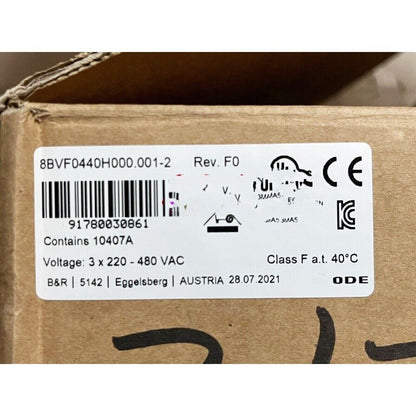 B&R frequency converter power supply label with model number, voltage, and other specifications in box