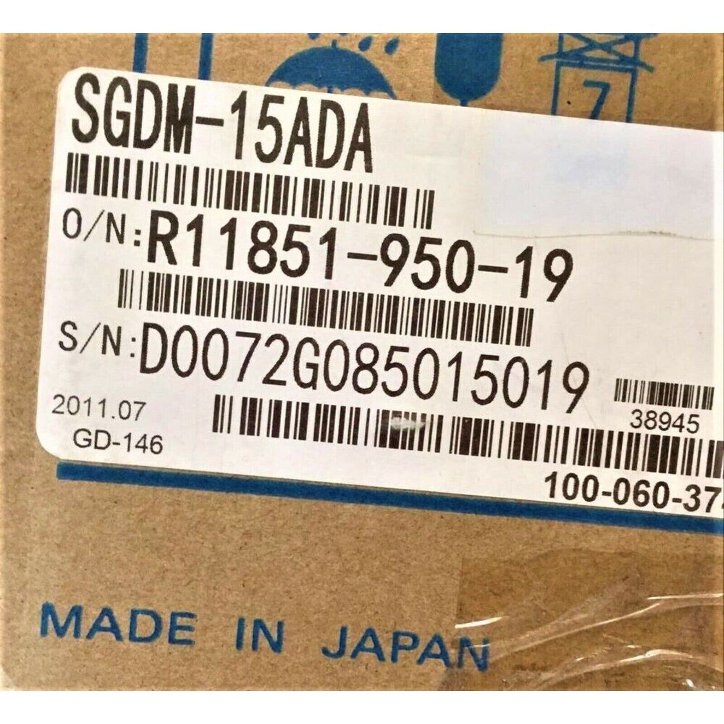 Yaskawa SGDM-15ADA servo drive label, part and serial numbers, Made in Japan, industrial automation part.