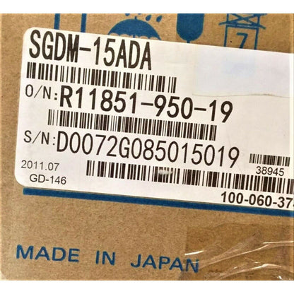 Yaskawa SGDM-15ADA servo drive label, part and serial numbers, Made in Japan, industrial automation part.