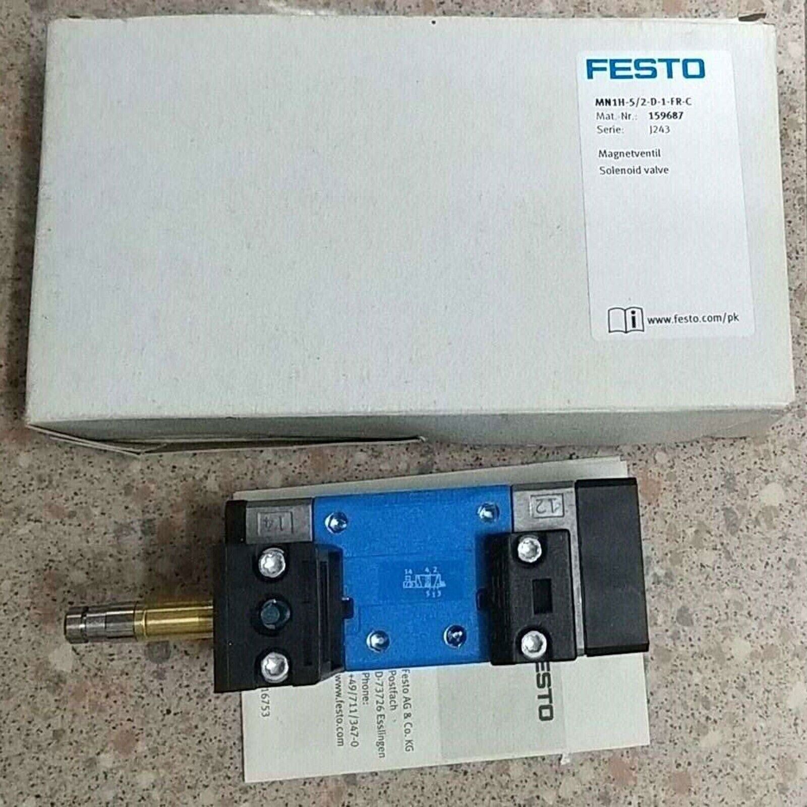 Festo MN1H-5/2-D-1-FR-C solenoid valve. Industrial automation component with blue and black color, 159687.