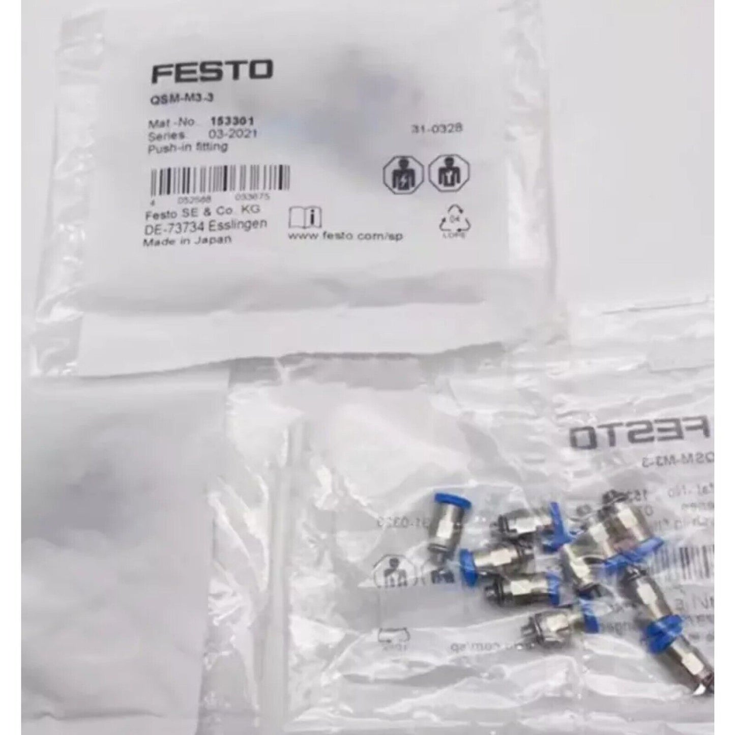 Festo QSM-M3-3 push-in fittings, pneumatic automation parts with blue accents. Model 153301, Made in Japan.