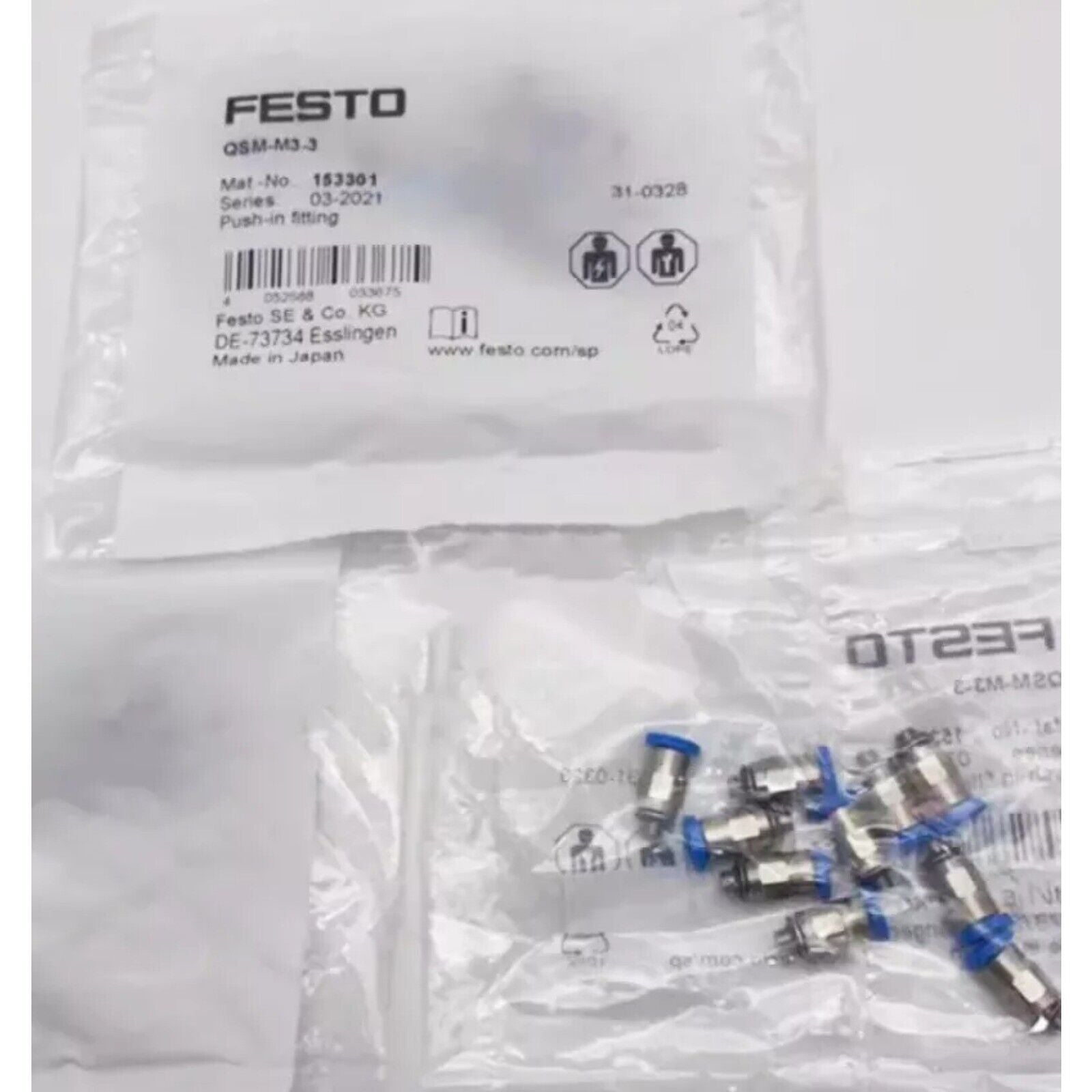 Festo QSM-M3-3 push-in fittings, pneumatic automation parts with blue accents. Model 153301, Made in Japan.