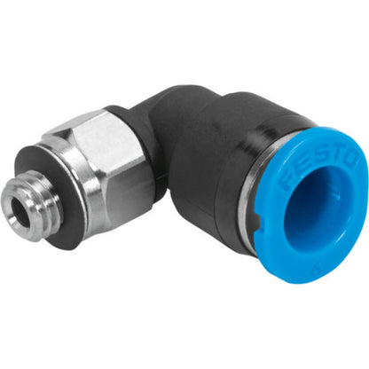 Festo QSM-M3-3 push-in fitting, black and silver with blue accents. Festo logo visible.