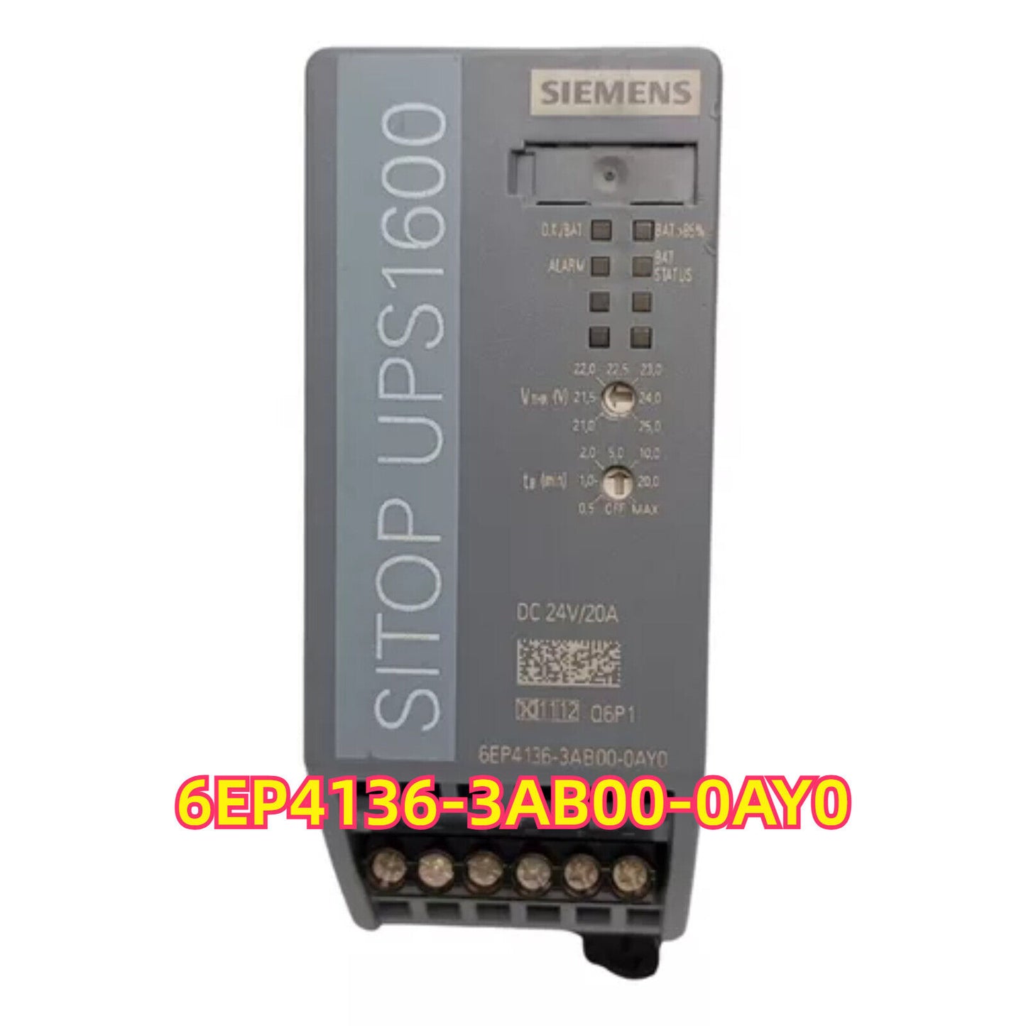 Siemens SITOP UPS1600 24V/20A power supply unit, model 6EP4136-3AB00-0AY0, with status indicators.