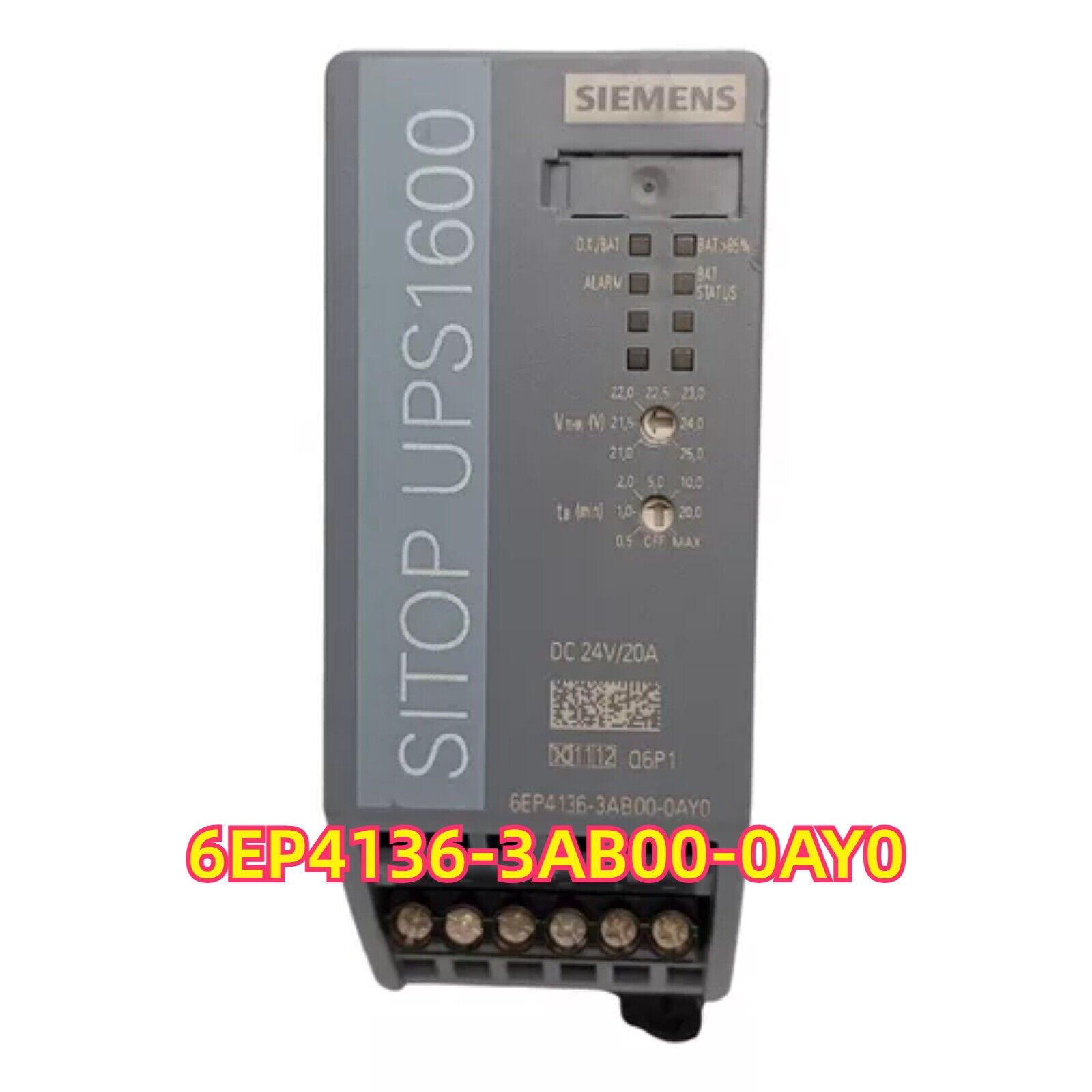 Siemens SITOP UPS1600 24V/20A power supply unit, model 6EP4136-3AB00-0AY0, with status indicators.