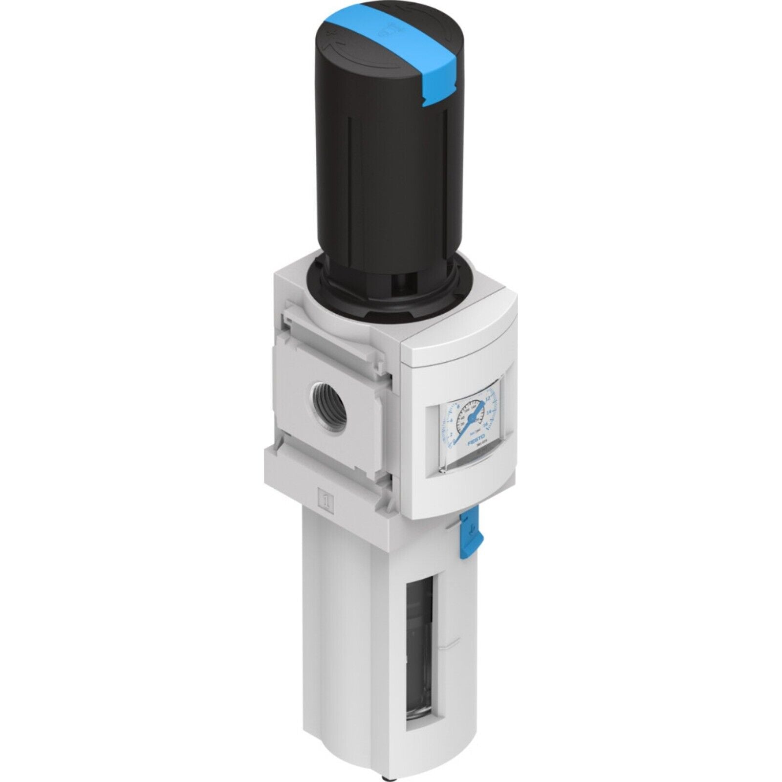 Festo MS6-LFR-1/2-D6-ERV-AS Filter Regulator, pneumatic component, white and black design, with gauge.