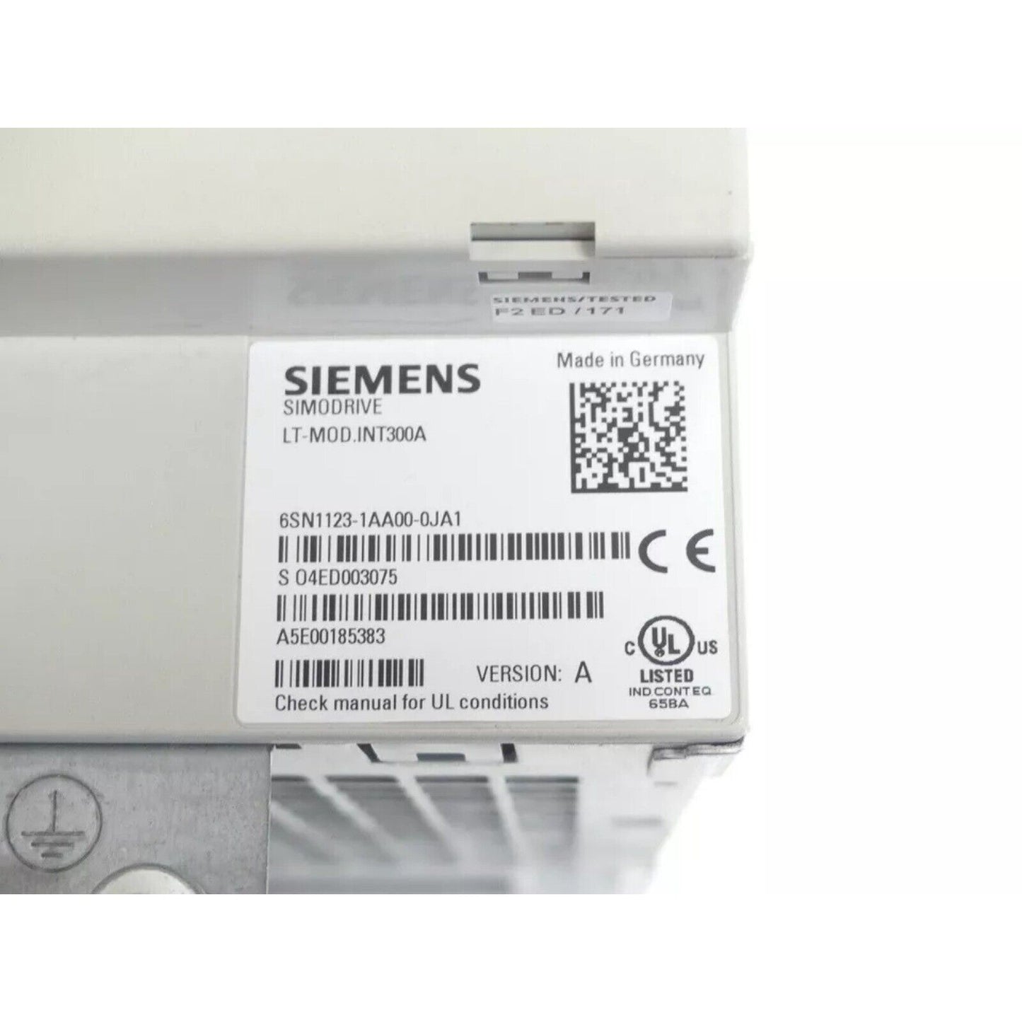 Siemens SIMODRIVE 6SN1123-1AA00-0JA1 power module, Made in Germany, industrial automation part, Version A, UL Listed.