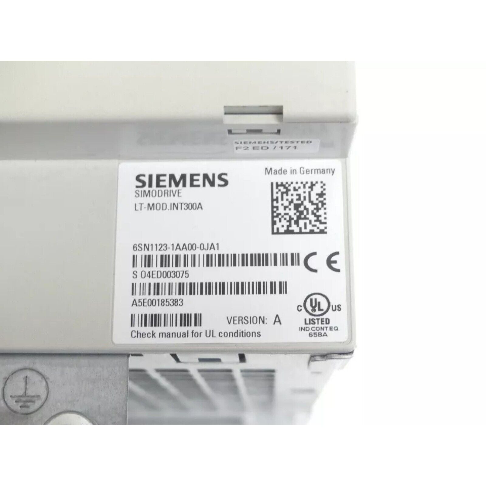 Siemens SIMODRIVE 6SN1123-1AA00-0JA1 power module, Made in Germany, industrial automation part, Version A, UL Listed.