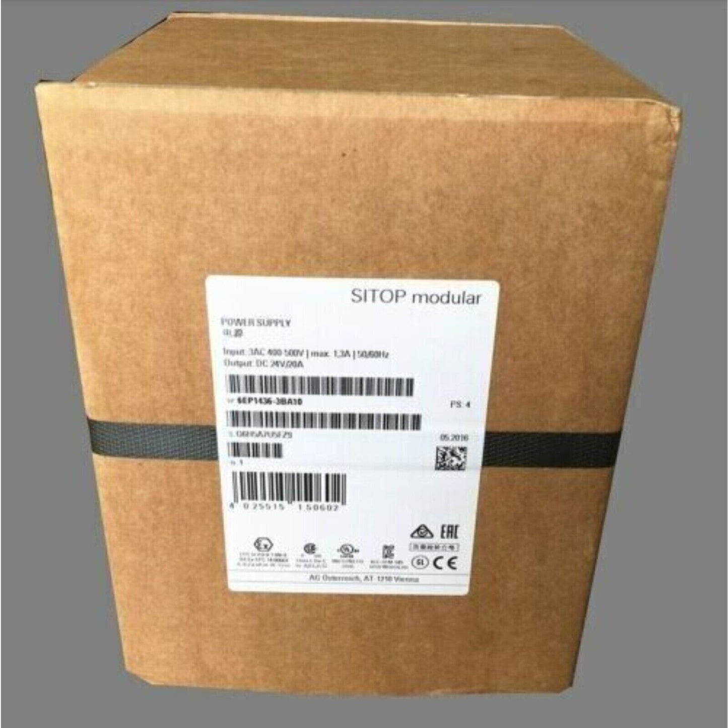 Siemens SITOP PSU300M Stabilized Power Supply 6EP1436-3BA10 packaging, brown cardboard box, industrial automation part