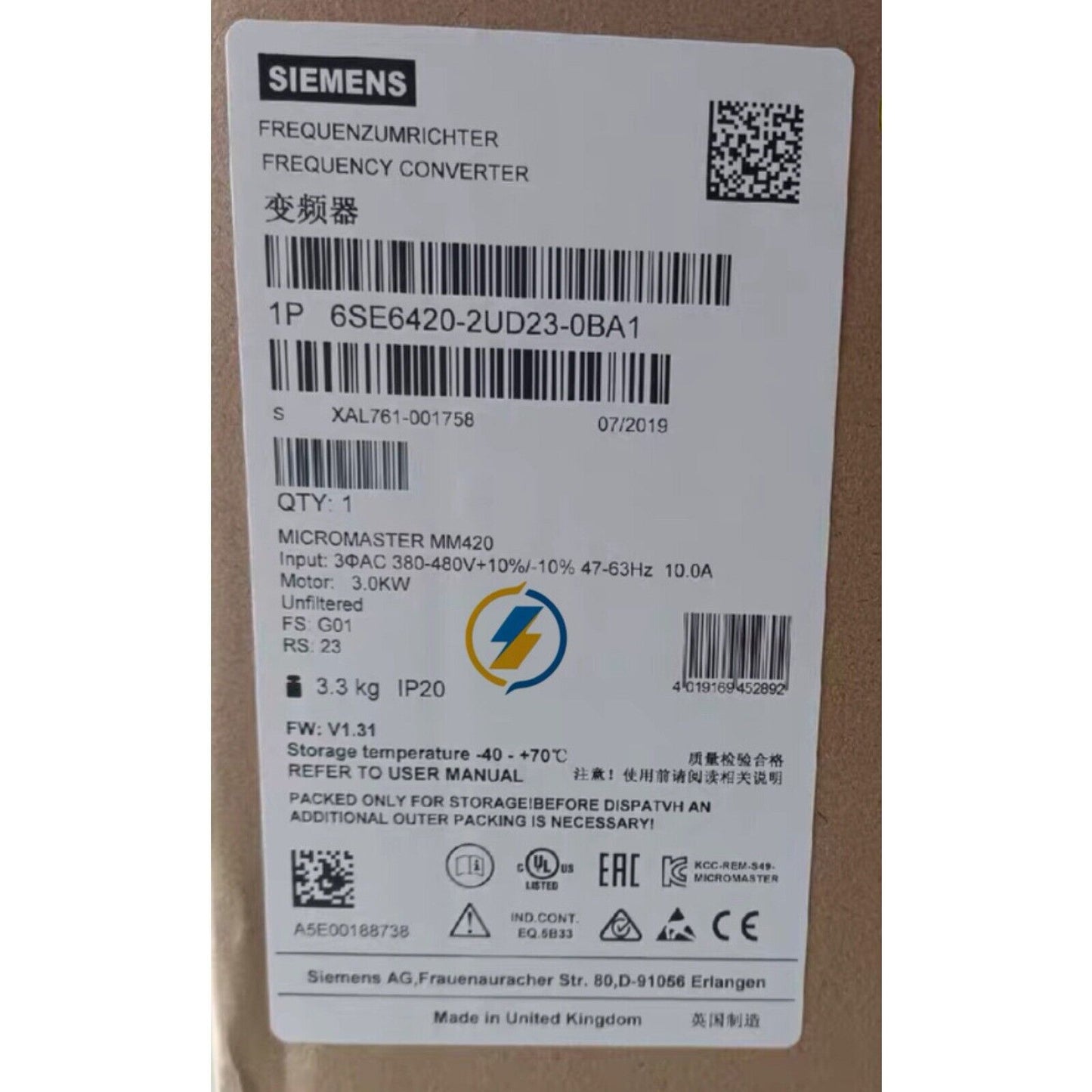 Siemens MICROMASTER 420 VFD label, 6SE6420-2UD23-0BA1, industrial automation part