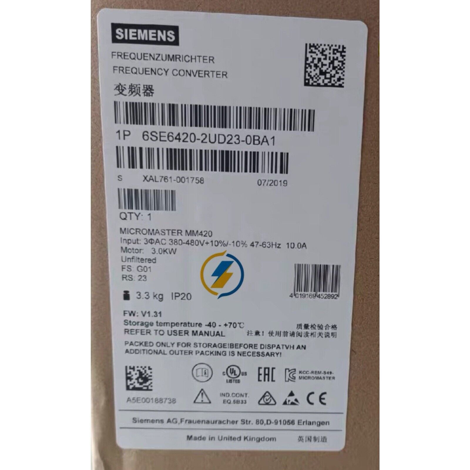 Siemens MICROMASTER 420 VFD label, 6SE6420-2UD23-0BA1, industrial automation part