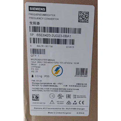 Siemens MICROMASTER 420 VFD label, 6SE6420-2UD23-0BA1, industrial automation part