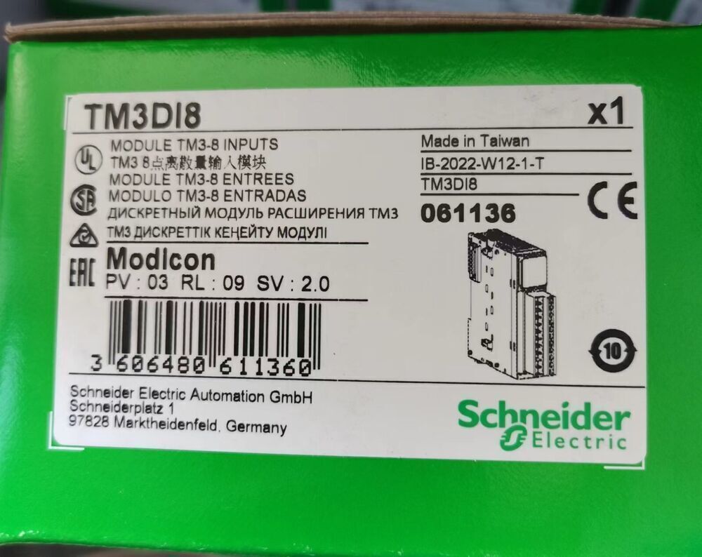 Schneider Electric Modicon TM3DI8 PLC module box, 8-Input expansion, green box, made in Taiwan.