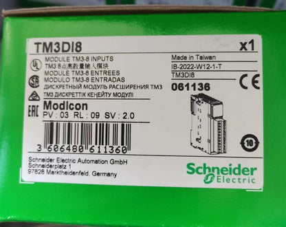 Schneider Electric Modicon TM3DI8 PLC module box, 8-Input expansion, green box, made in Taiwan.