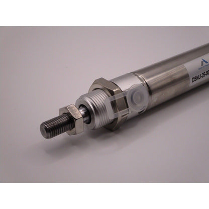 Festo DSNU-25-80-PPV-A pneumatic cylinder component, silver and blue, industrial automation part