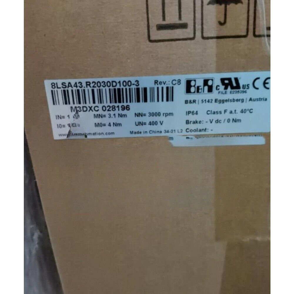 B&R 8LSA43.R2030D100-3 servo motor product label, featuring model details and specifications.