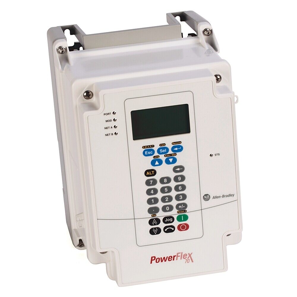 Allen-Bradley PowerFlex 70 AC Drive, white control panel with keypad and display, industrial automation component.