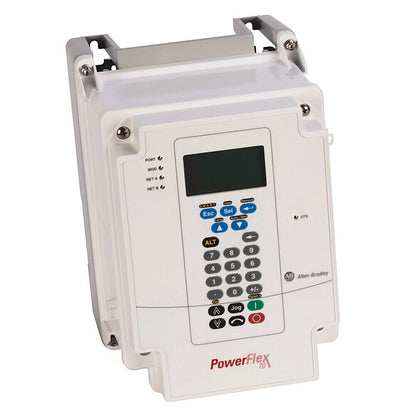 Allen-Bradley PowerFlex 70 AC Drive, white control panel with keypad and display, industrial automation component.