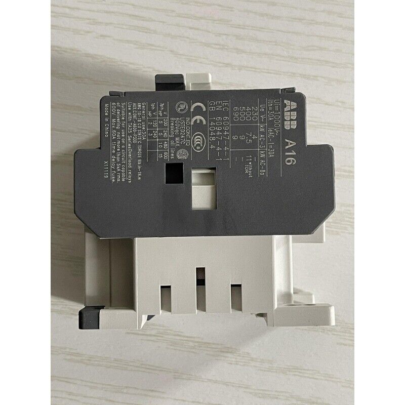 ABB A16-40-00 Contactor, industrial automation component, 24V/110V. Gray and white plastic parts, model number visible.