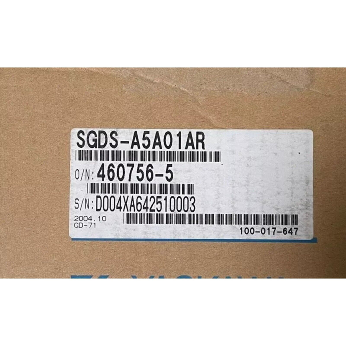 Yaskawa SGDS-A5A01AR Servo Driver Box, Product Label Showing Serial and Order Numbers.