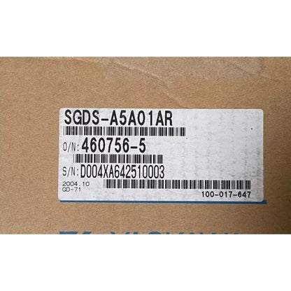 Yaskawa SGDS-A5A01AR Servo Driver Box, Product Label Showing Serial and Order Numbers.