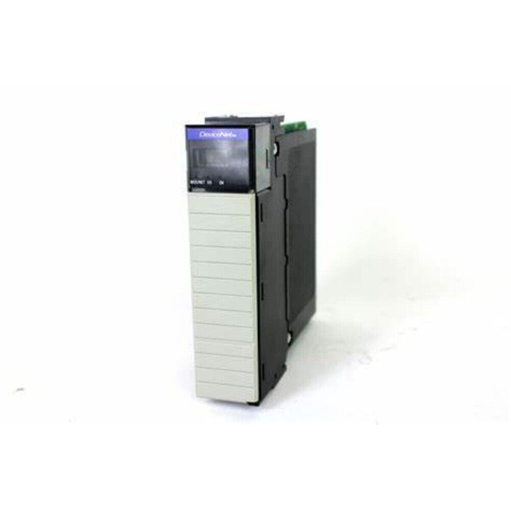 Allen-Bradley 1756-DNB DeviceNet Bridge Scanner Module. Gray and black PLC module on white.