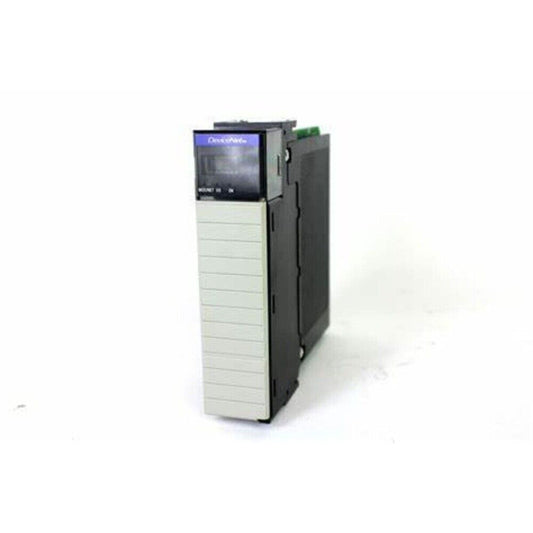 Allen-Bradley 1756-DNB DeviceNet Bridge Scanner Module. Gray and black PLC module on white.