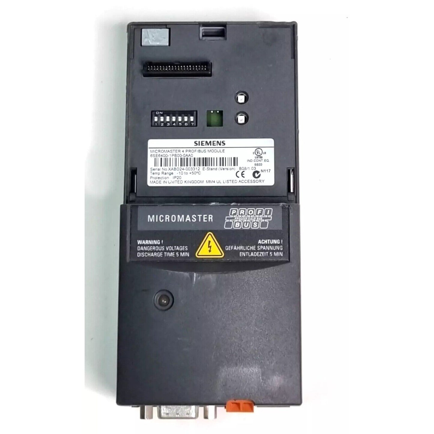 Siemens MICROMASTER 4 PROFIBUS module 6SE6400-1PB00-0AA0 industrial part, warning label, UK made