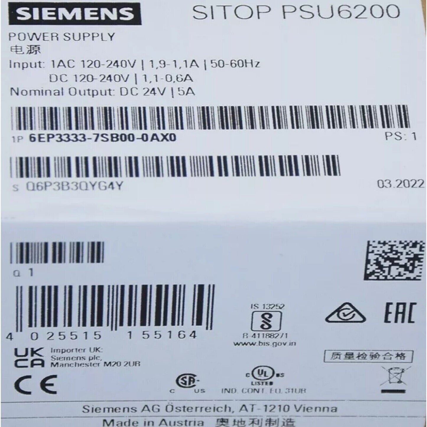 Siemens SITOP PSU6200 Power Supply label with technical specifications and certifications, model 6EP3333-7SB00-0AX0.