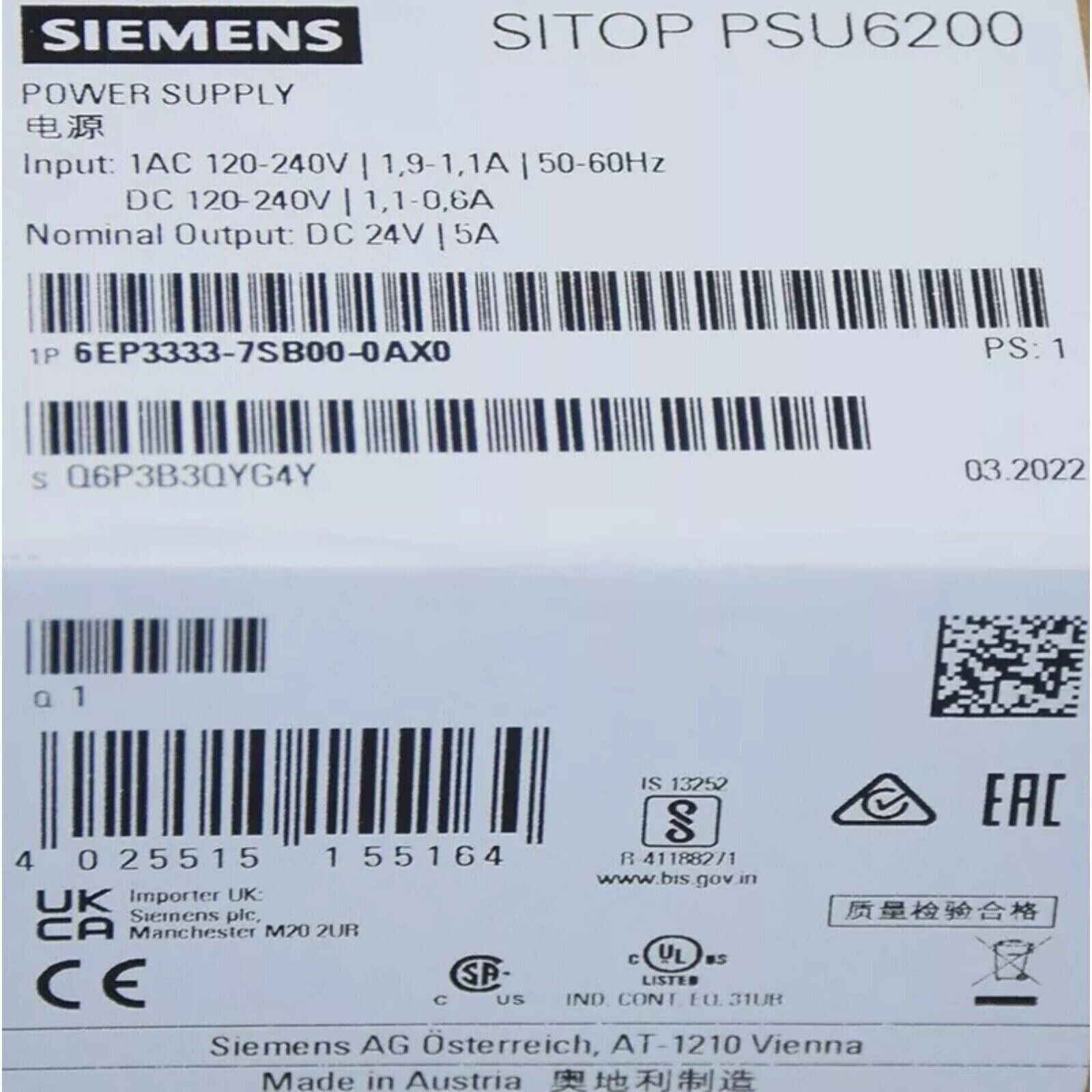 Siemens SITOP PSU6200 Power Supply label with technical specifications and certifications, model 6EP3333-7SB00-0AX0.