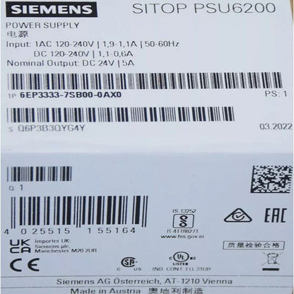 Siemens SITOP PSU6200 Power Supply label with technical specifications and certifications, model 6EP3333-7SB00-0AX0.