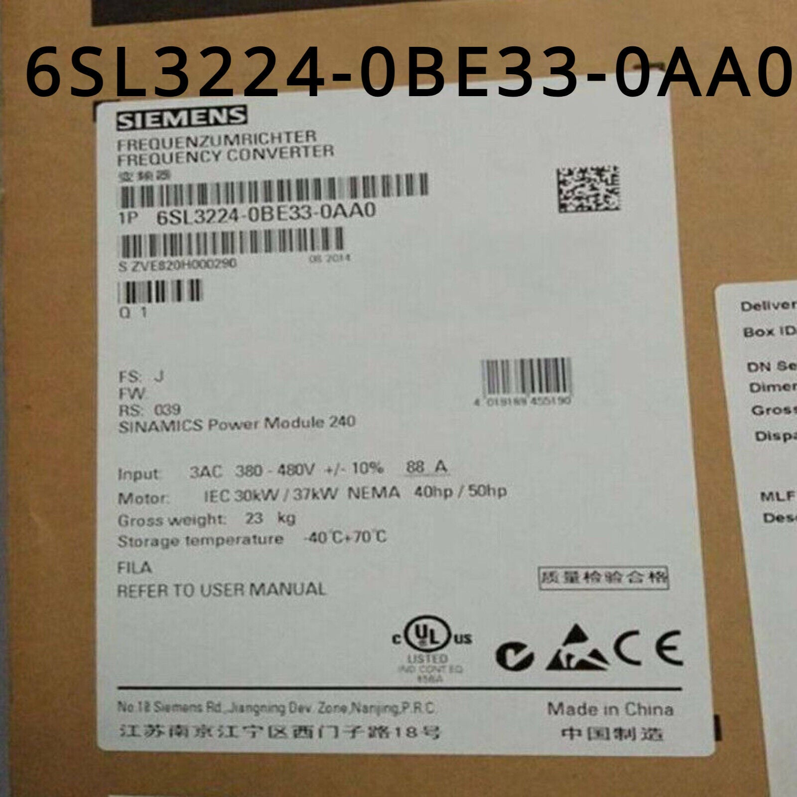 Siemens 6SL3224-0BE33-0AA0 SINAMICS Power Module 240 label, frequency converter, industrial automation part details