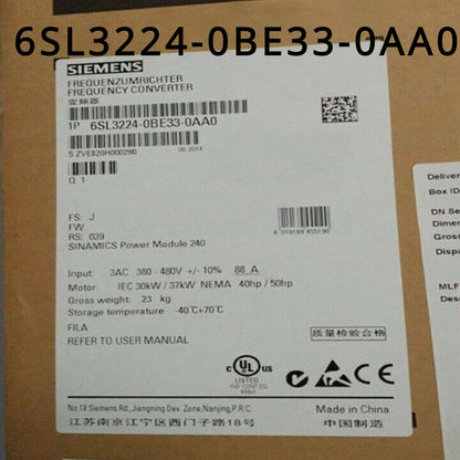 Siemens 6SL3224-0BE33-0AA0 SINAMICS Power Module 240 label, frequency converter, industrial automation part details