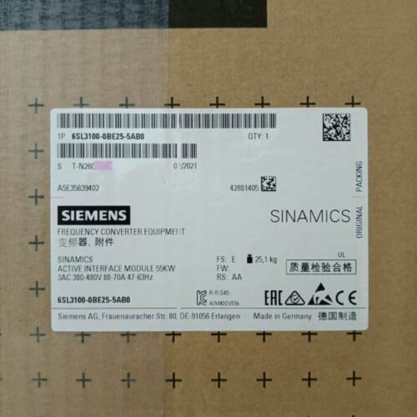 Siemens SINAMICS S120 Active Interface Module 6SL3100-0BE25-5AB0, 55kW, for industrial automation systems