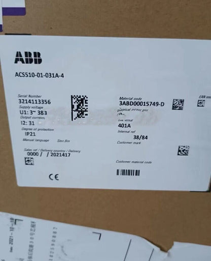 ABB ACS550-01-031A-4 Inverter box, featuring serial number, material code, and CE marking
