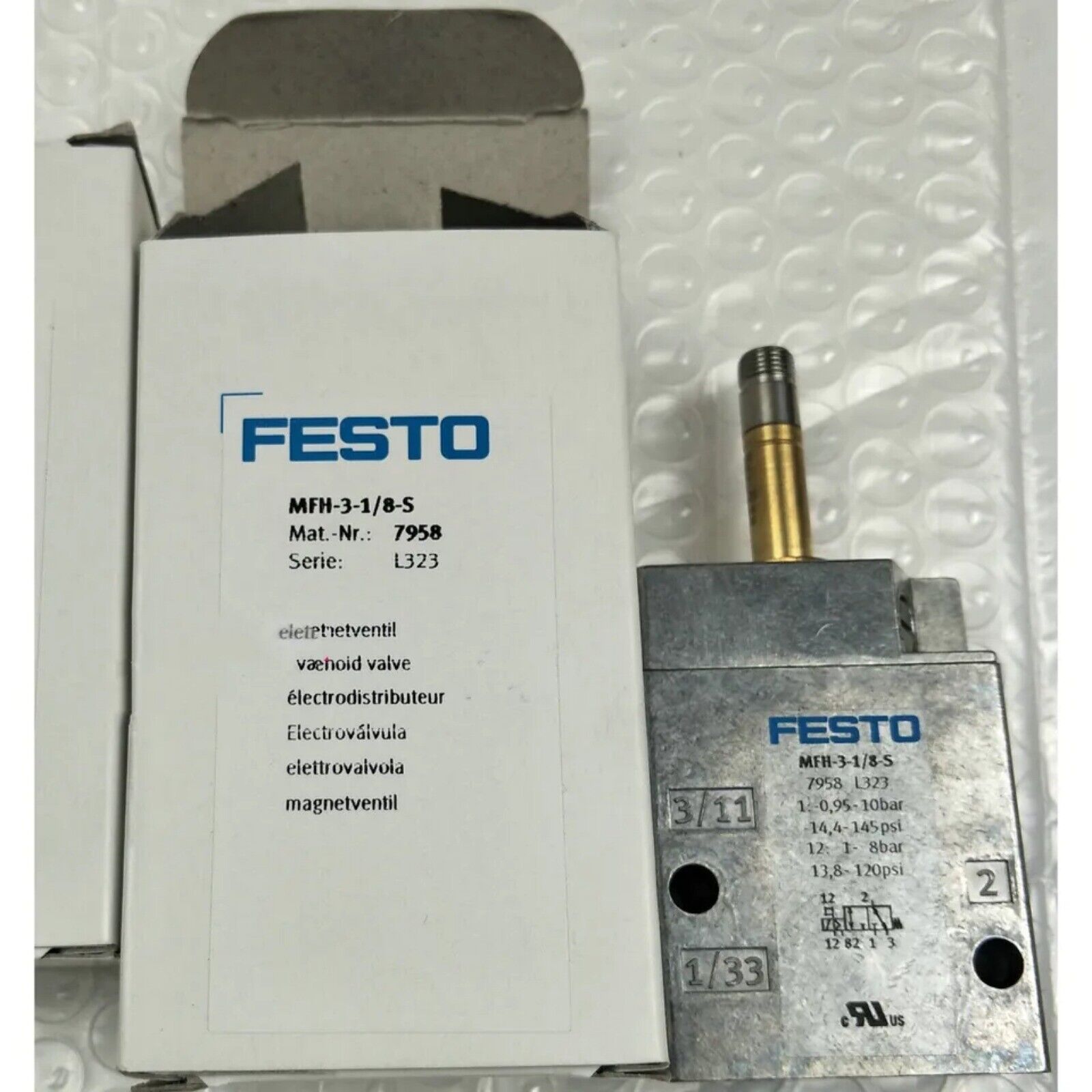 Festo MFH-3-1/8-S air solenoid valve with packaging, industrial automation part.