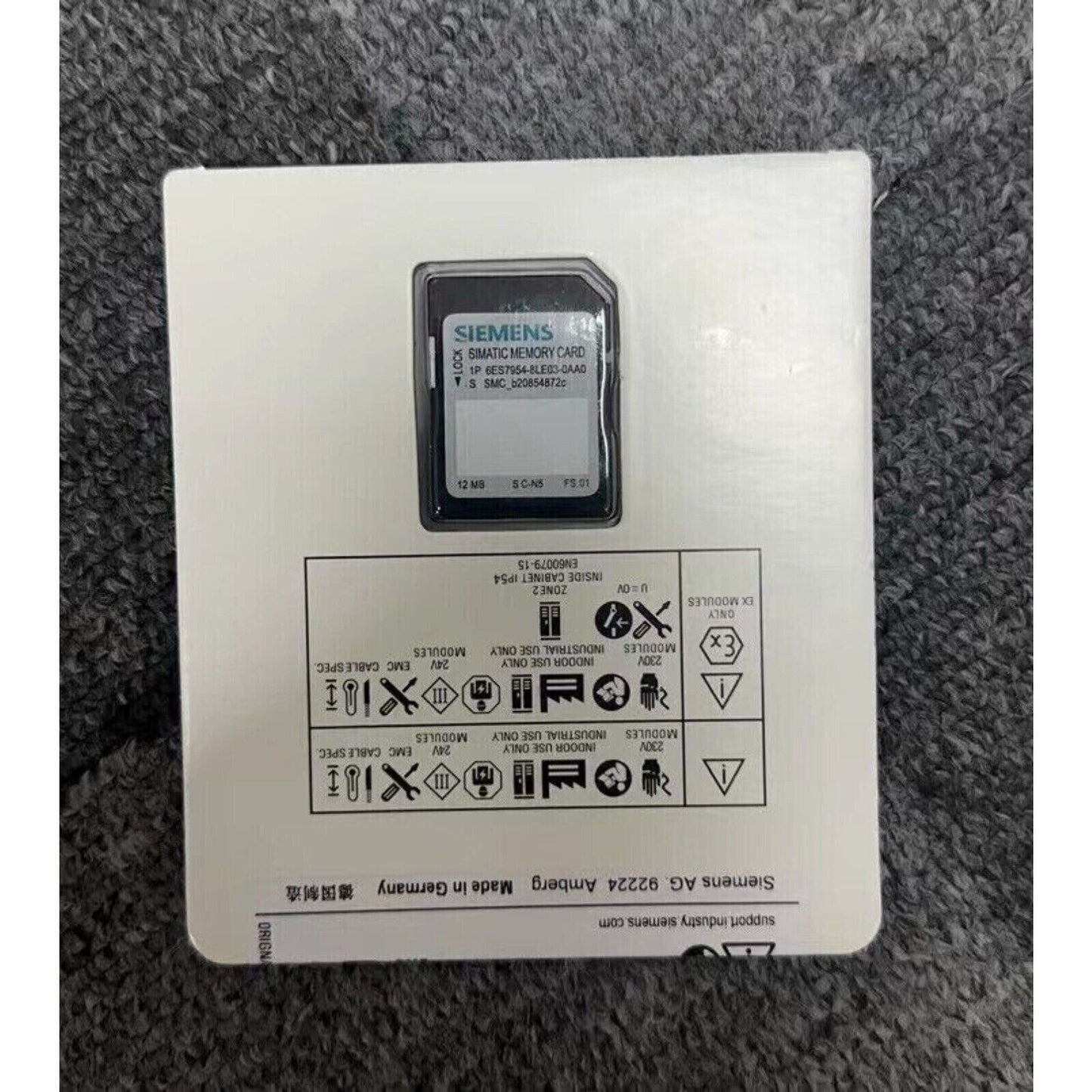 Siemens SIMATIC Memory Card 6ES7954-8LE03-0AA0 on packaging, angled view. Product details and specifications.