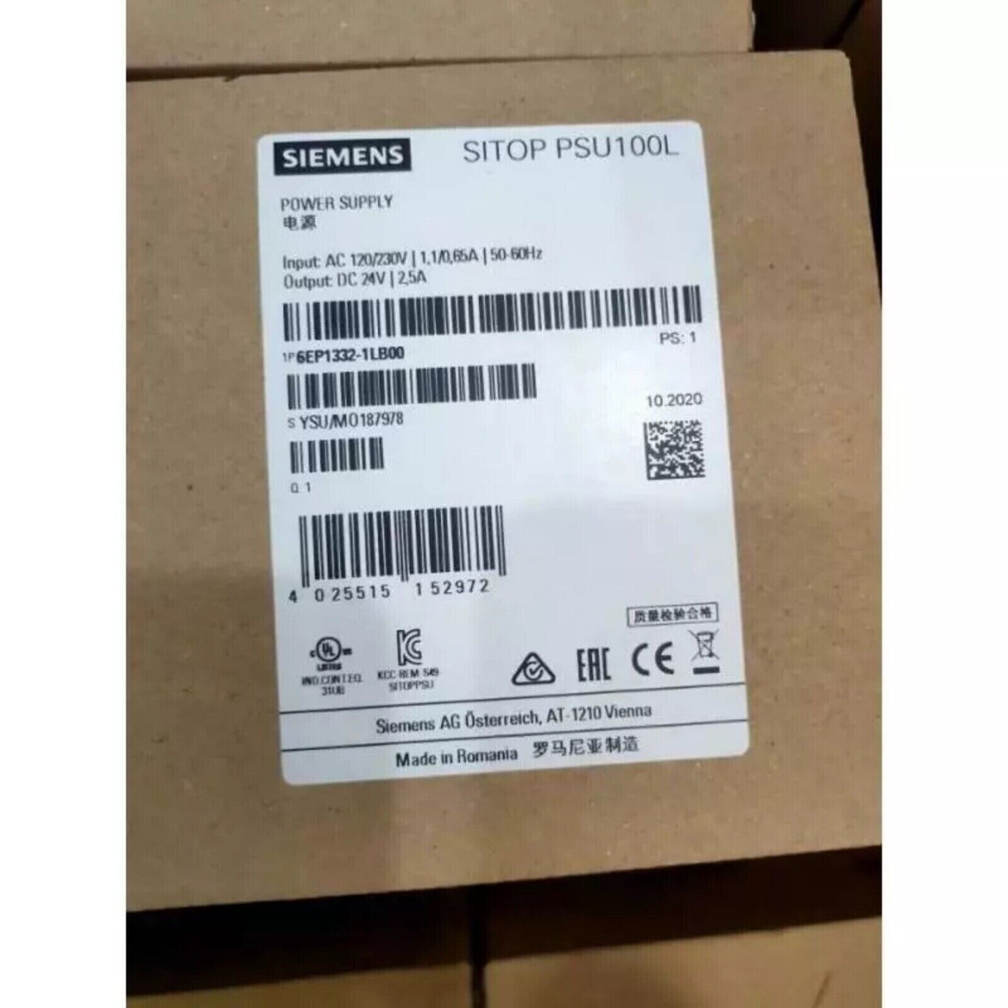Siemens SITOP PSU100L stabilized power supply, model 6EP1332-1LB00, 24V/2.5A, industrial automation part.