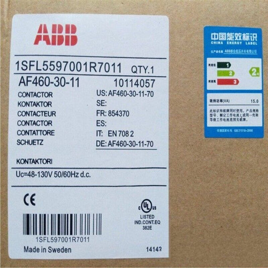 ABB AF460-30-11 Contactor product label, 1SFL5597001R7011, 48-130V, Made in Sweden, with China Energy Label
