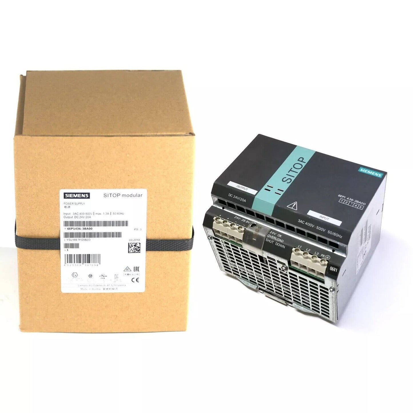 Siemens SITOP modular power supply 6EP1436-3BA00, black and gray industrial equipment, with product box
