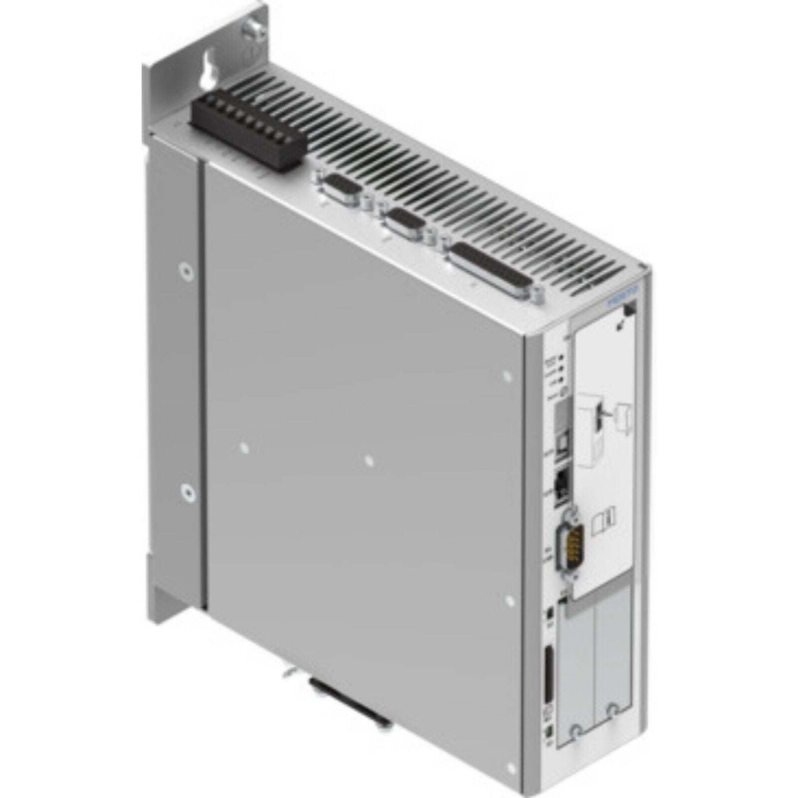 Festo CMMP-AS-C5-3A-M3 motor controller. Silver industrial automation part with connectors.