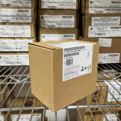 Siemens SIMATIC S7-1200 PLC module in original packaging with label information, industrial automation part.